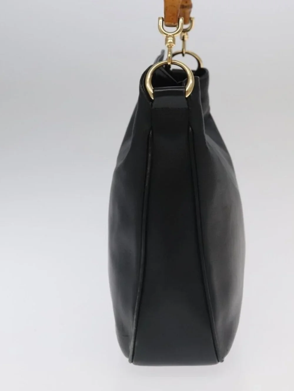 GUCCI Bamboo Hand Bag Leather 2way Black Gold 001 3754 1638 Auth ti2587